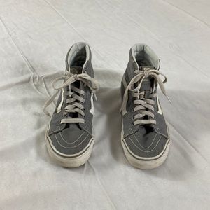 Vans high top gray with white strip.